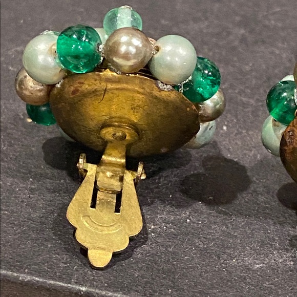 Japan Vintage Glass and Acrylic Cluster Earrings with Green Beads - Picture 7 of 7